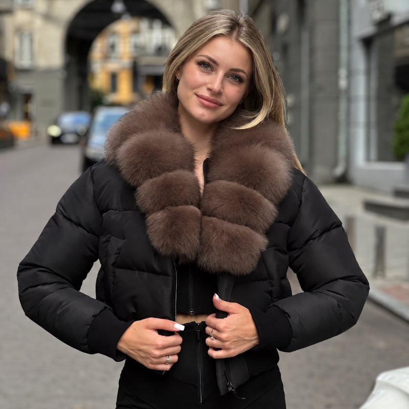Cropped Puffer Jacket With Brown Fur Collar