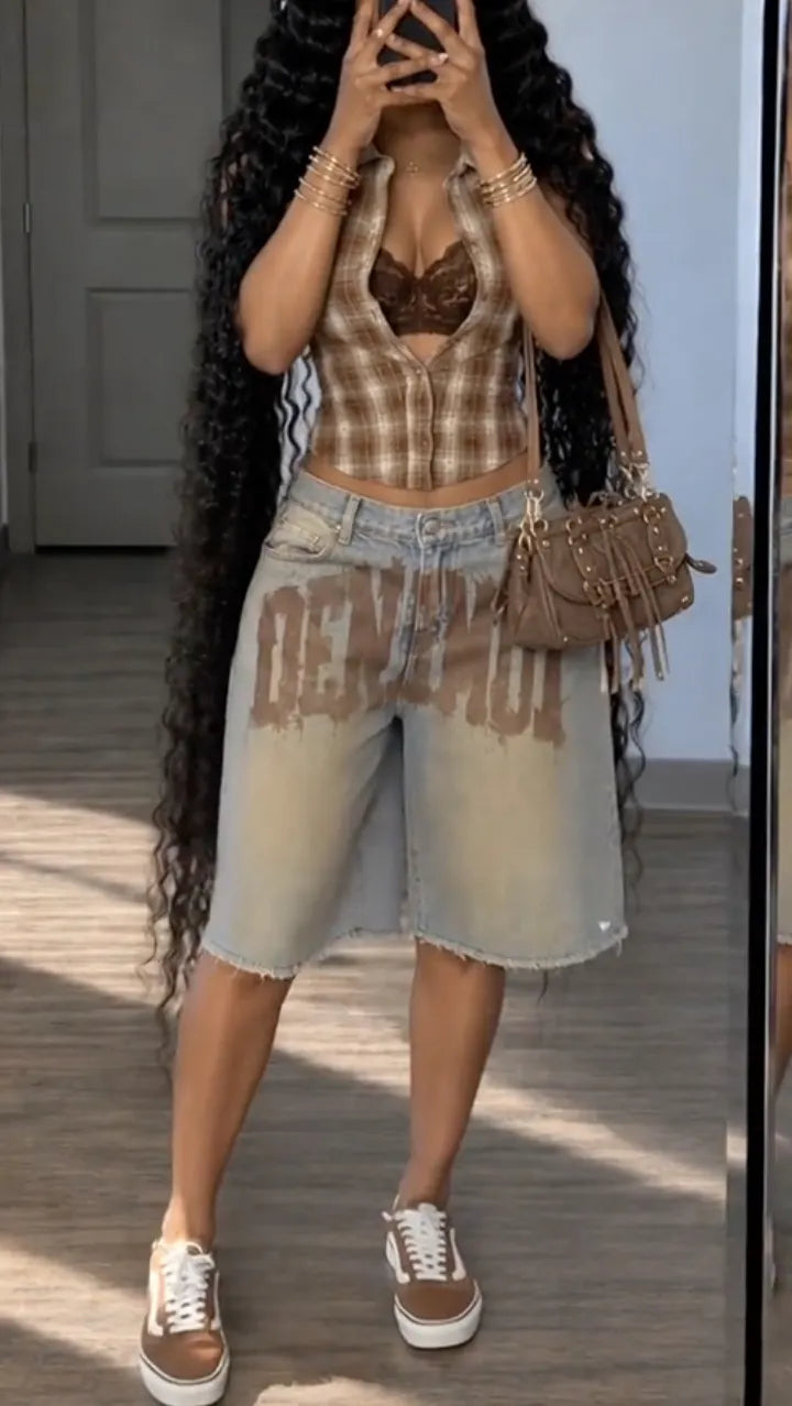 Brown Plaid Crop Shirt And Letter Print Denim Shorts Set