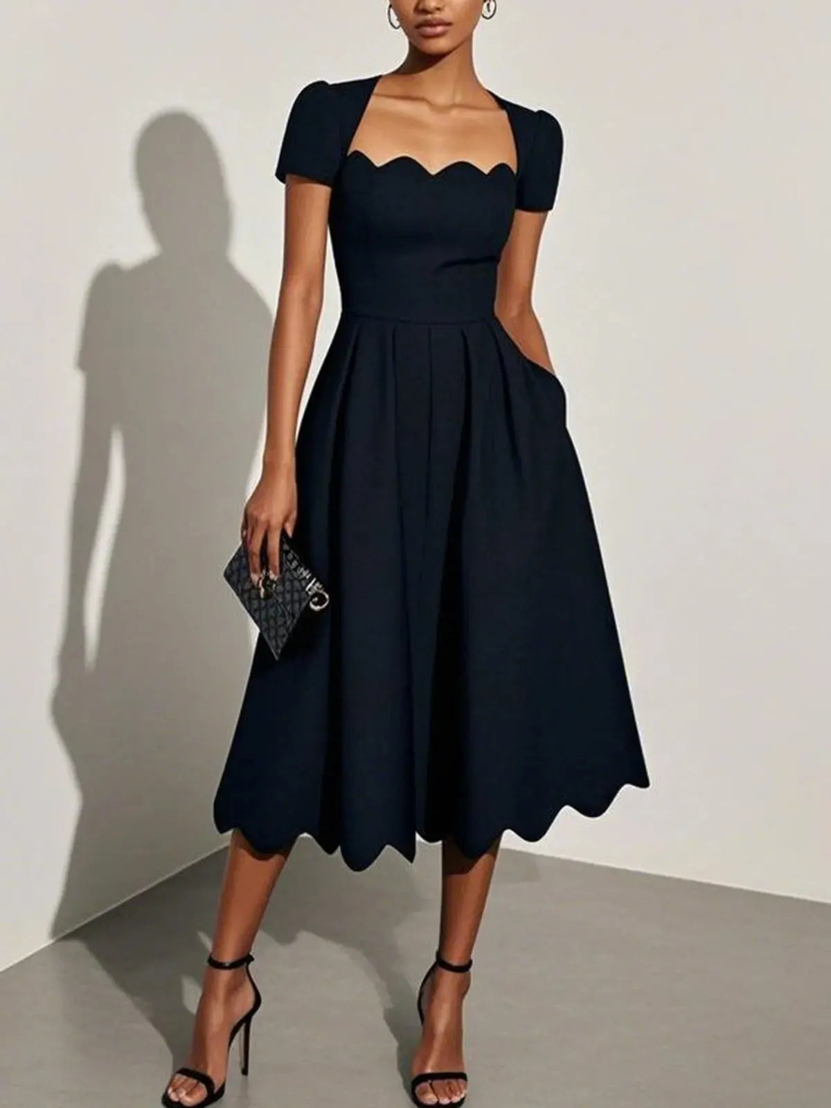 Black Asymmetric Classic Scalloped Square Neck Short Sleeve A-Line Midi Dress