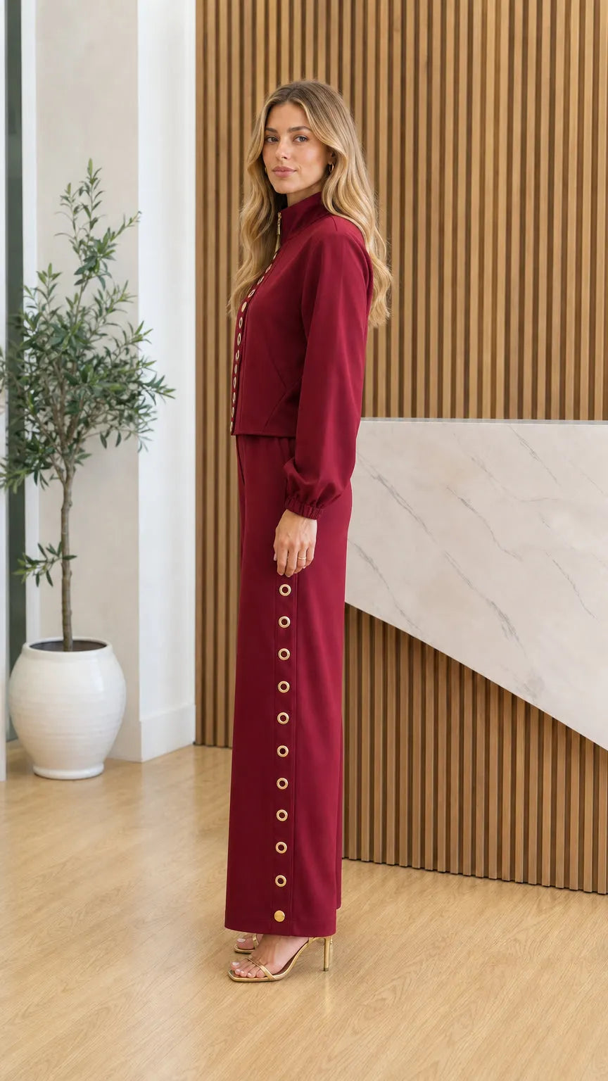 Chic Stand Collar Top and Wide-Leg Pants Set with Gold-Tone Accents