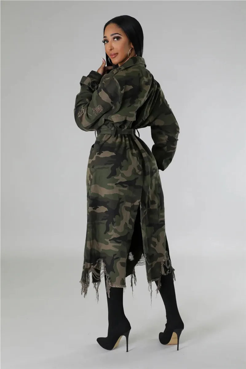 Stylish Women's Camo Long Coat With Edgy Distressed Details