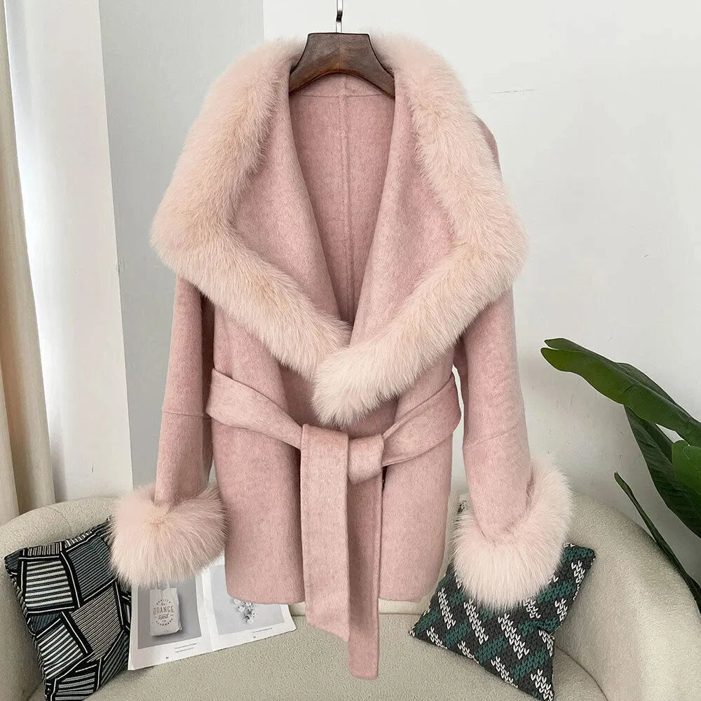 Faux Fur Collar Belted Wool Blend Coat