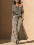 Women's Ash Grey Soft Jersey Co-Ord With Slouchy Cold Shoulder Knit Top & Side Pocket Flowy Maxi Skirt, Contemporary Versatile Daily Two-Piece Set MDZ2239F4LYL