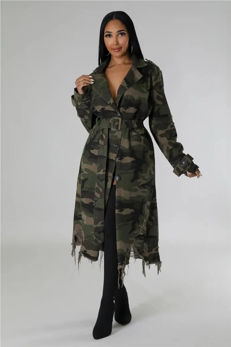 Stylish Women's Camo Long Coat With Edgy Distressed Details