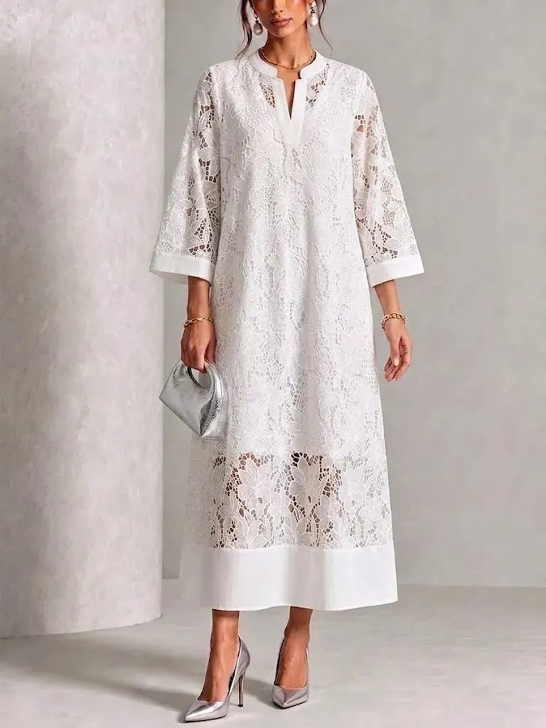 Casual Loose-fit Lace V-neck Dress