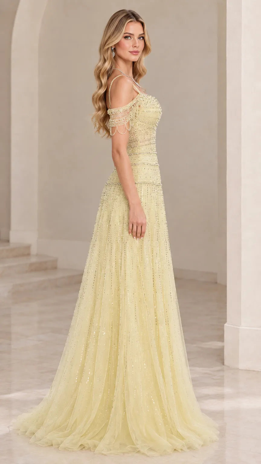 Cold-Shoulder Beaded Sequin A-Line Tulle Evening Gown