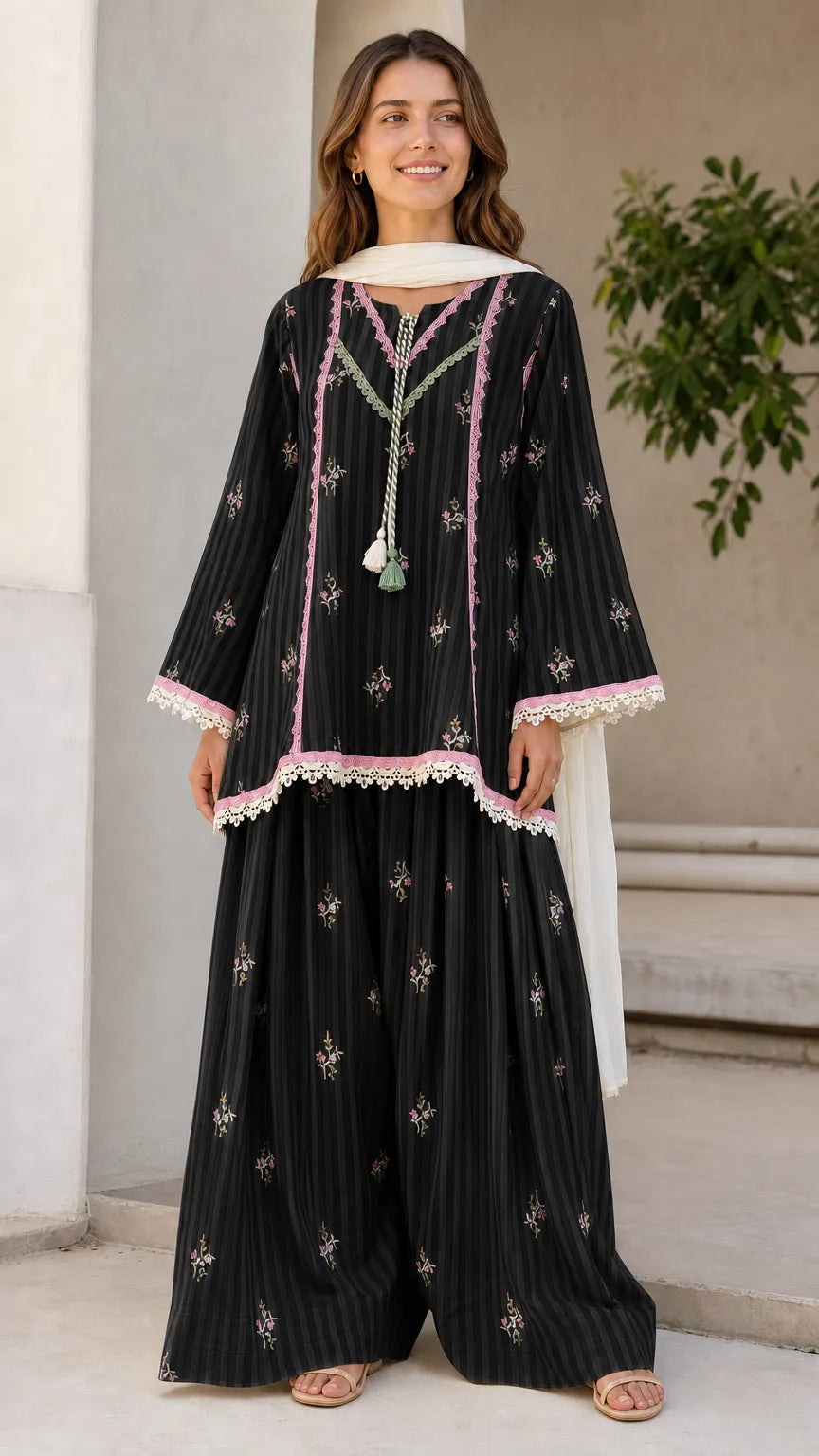 Women's Ethnic Striped Kurti with Sharara and Dupatta Set