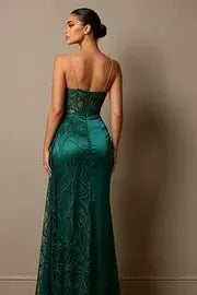 Cocoslly Spaghetti Straps Sleeveless High Waist Long Prom Dress With Split And Beading Pearls | Dark Green Satin LX0098