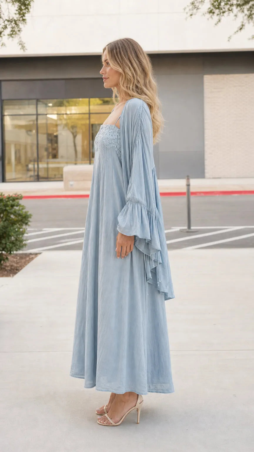 Boho Chic 2-Piece Spaghetti Strap Cami Dress & Ruffle Sleeve Kimono Set