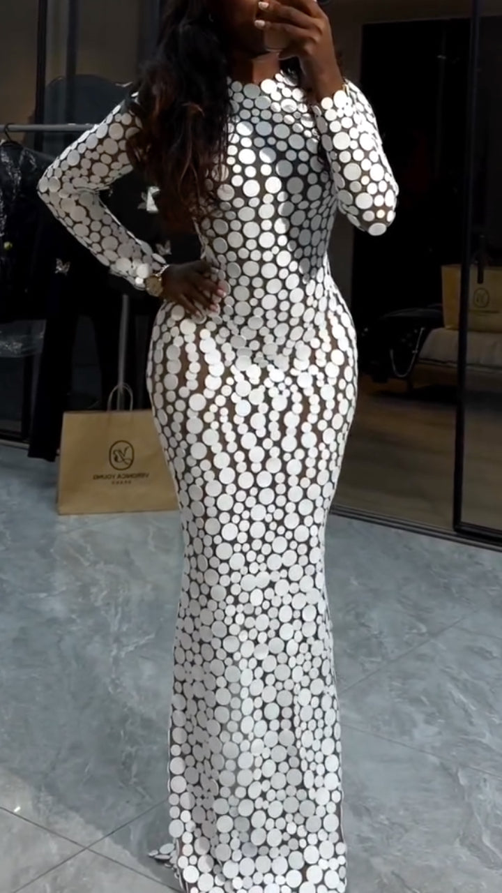 Silver-Tone Disc-Embellished Long-Sleeve Maxi Dress