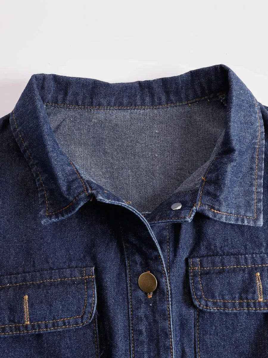 Casual Retro Multi-pocket Topstitching Dark Blue Denim Sleeveless Balloon Jumpsuit