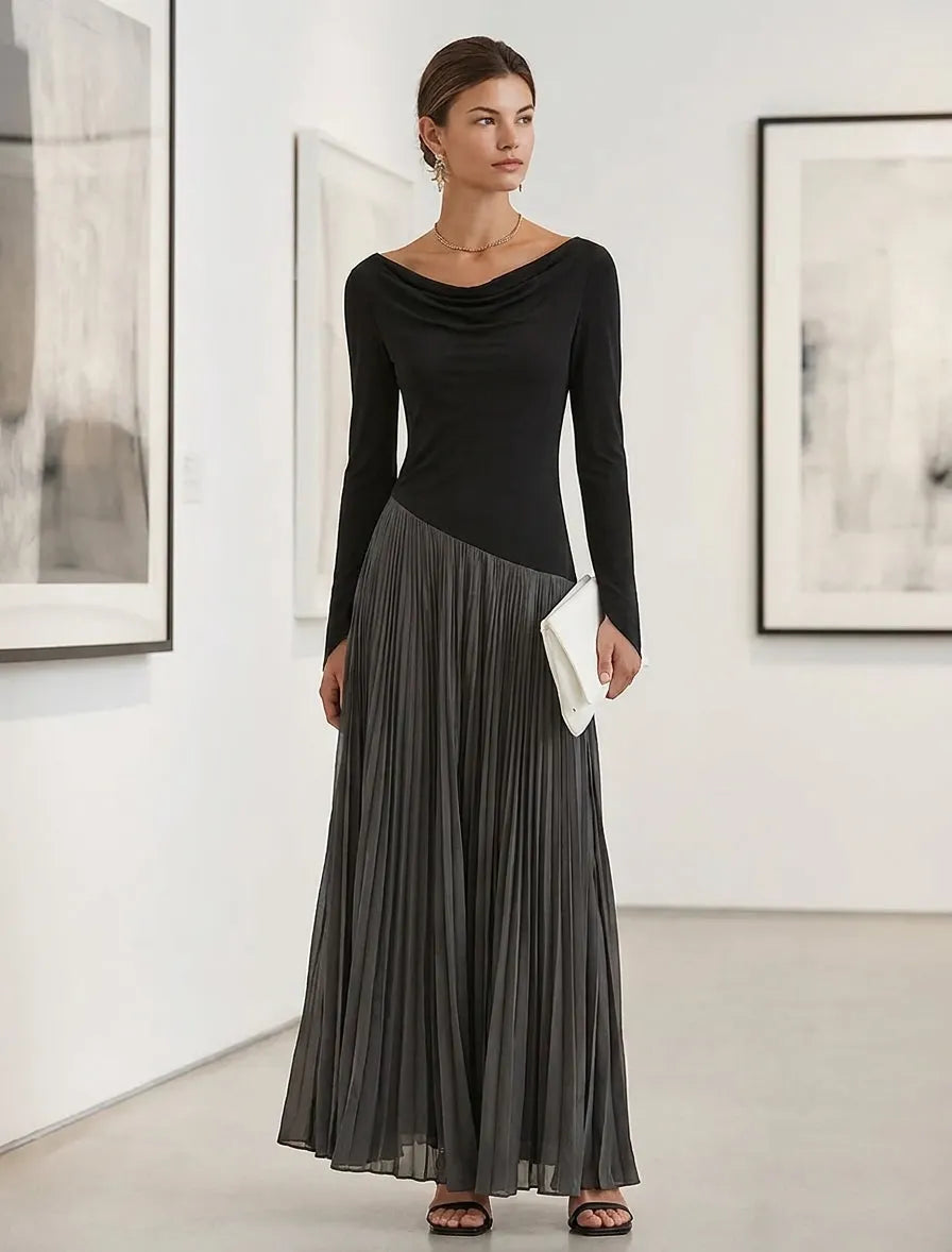 Women's Minimalist Two-Tone Color-Block Maxi Dress With Drape Neckline