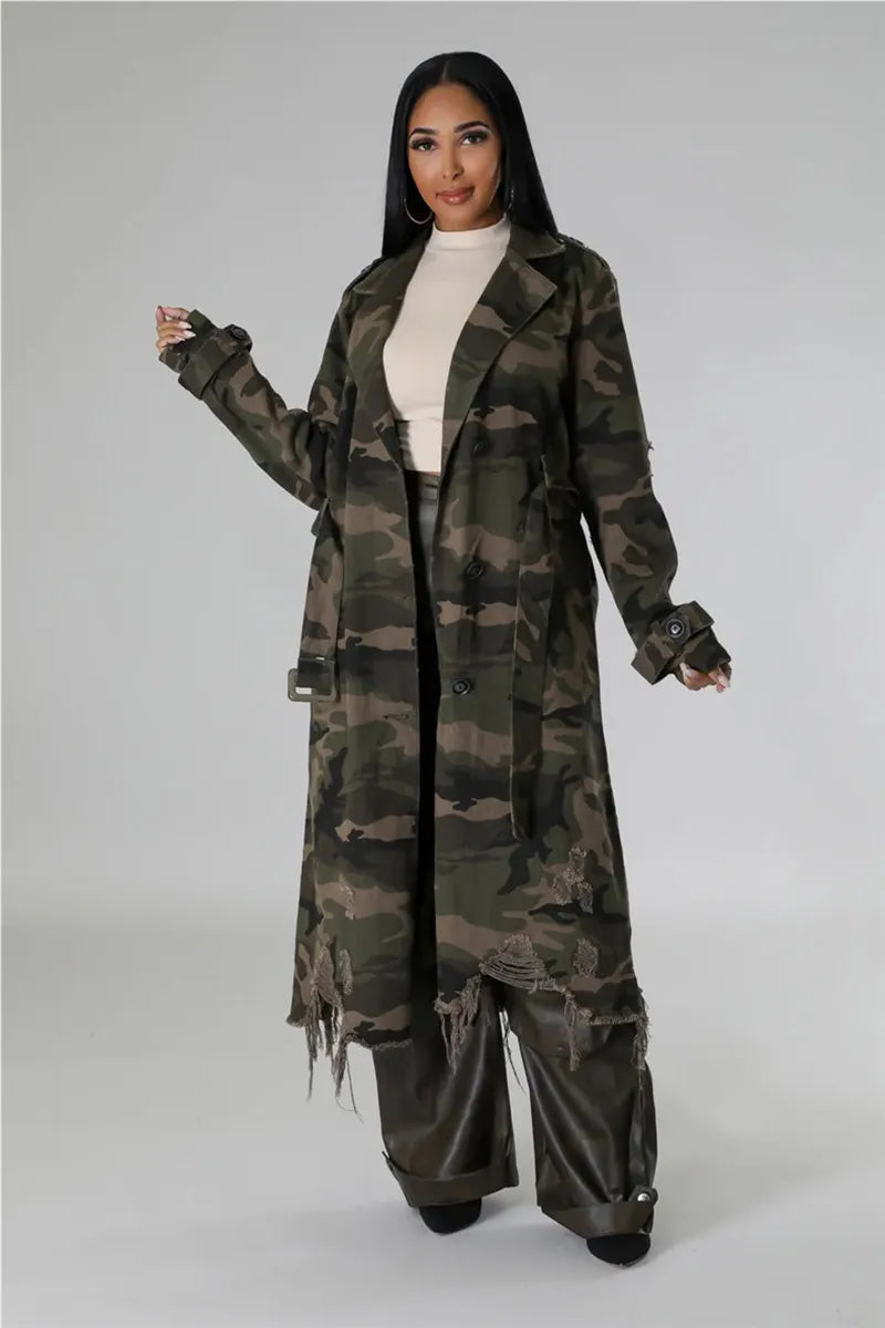 Stylish Women's Camo Long Coat With Edgy Distressed Details