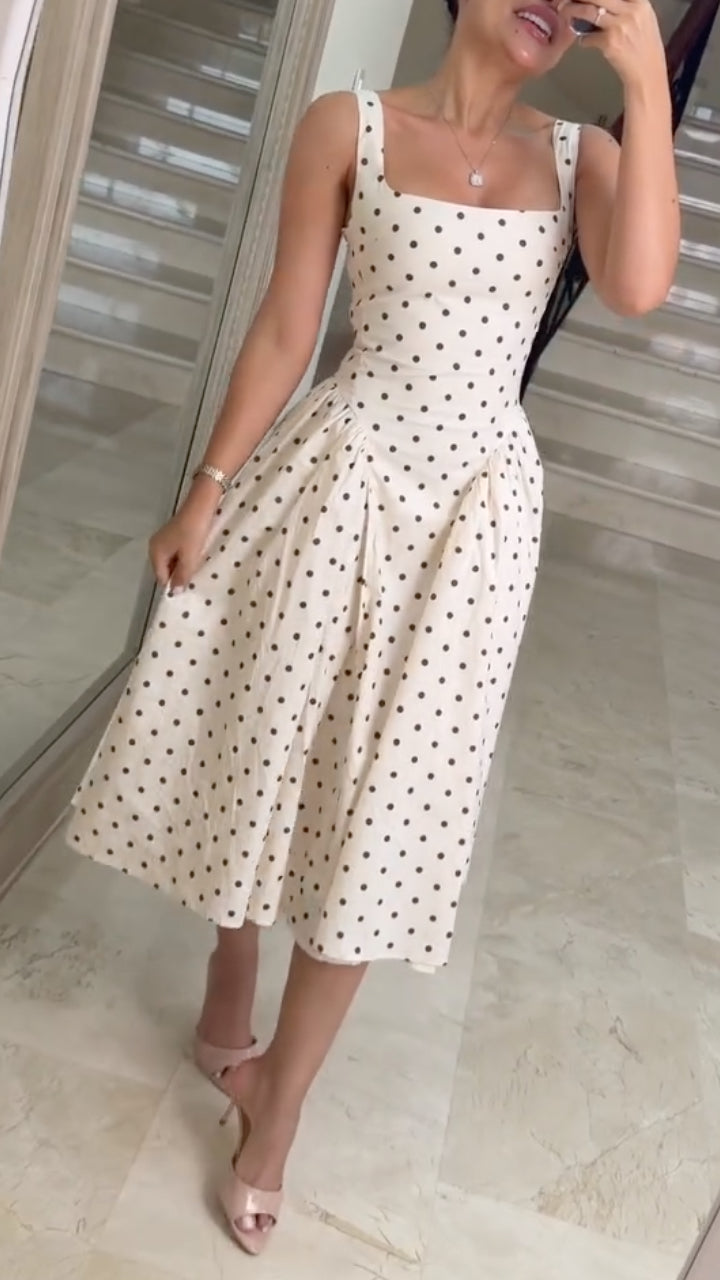 Square Neck Sleeveless Polka Dot Midi Dress