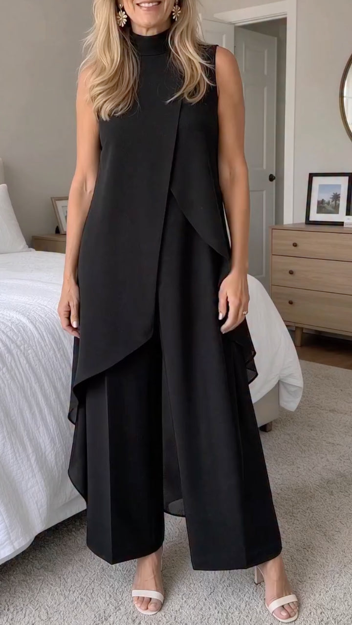 Mock Neck Sleeveless Draped Wide Leg Pants Set