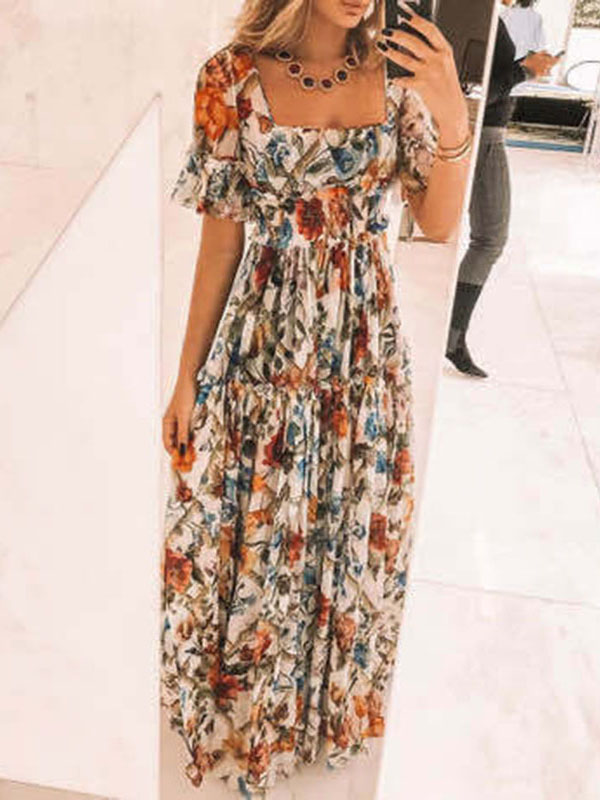 Square Neck Short Sleeve Bohemian Waist Dress