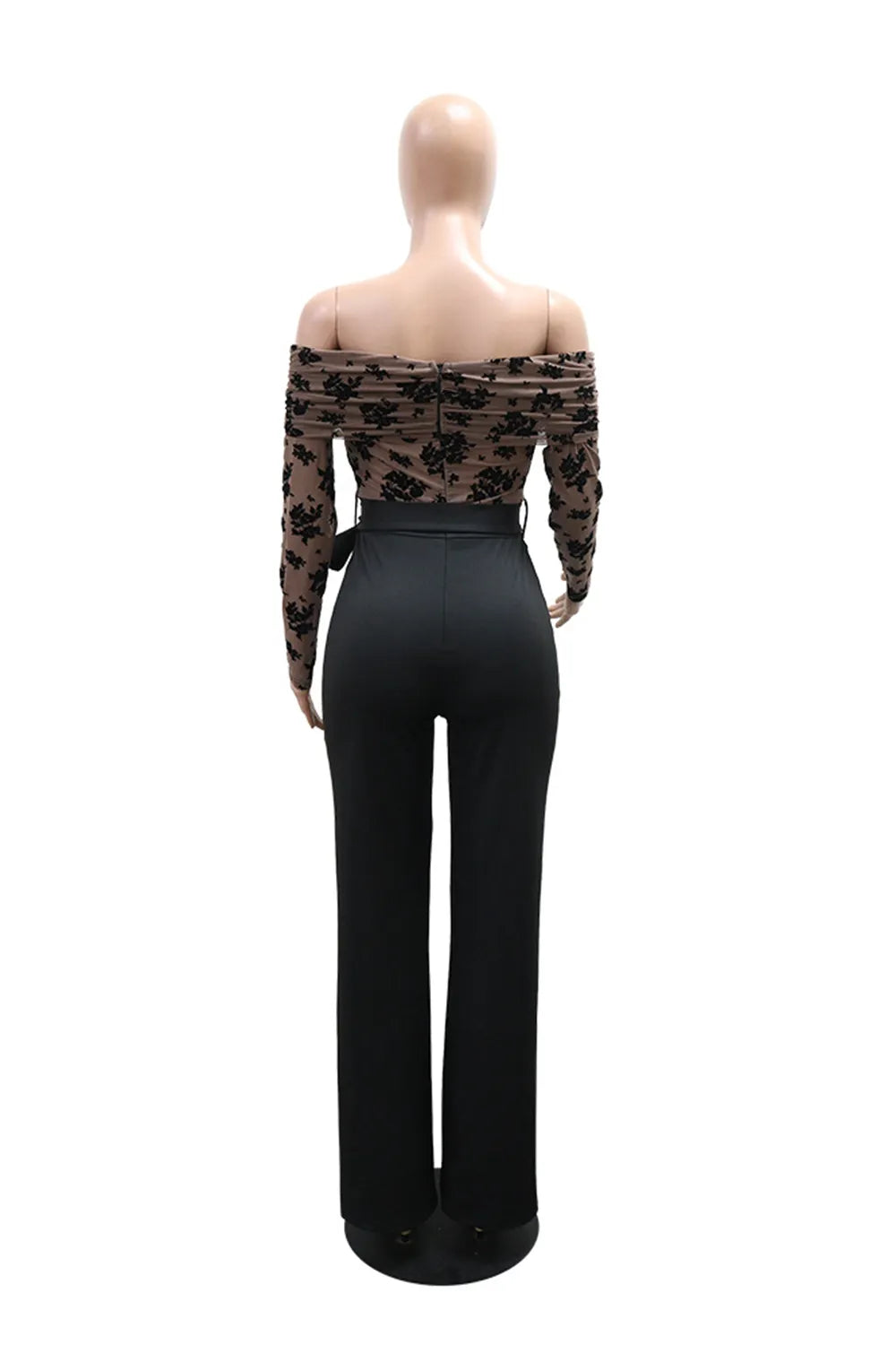 Off Shoulder Long Sleeve Ruffle Leaf Pattern Slim Fit Casual Jumpsuit-Black