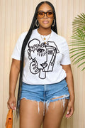 Abstract Portrait Print Short Sleeve Crew Neck Casual T-Shirt-White