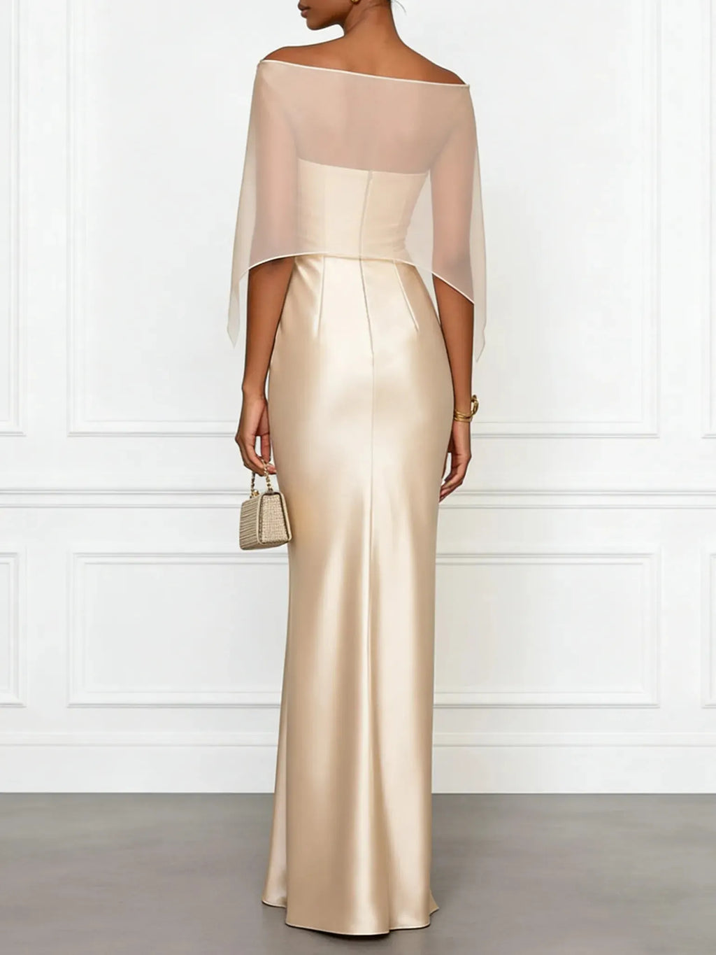 Champagne 3D Floral Satin Boat Neck Short Sleeve Sheath Gown Dress with Capelet