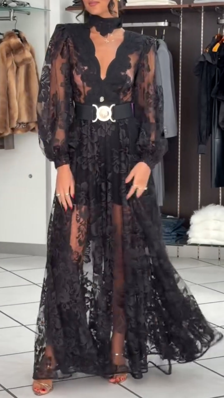 Black Plunging Floral-Lace Long-Sleeve Maxi Dress