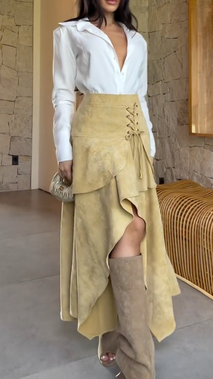 Collared Blouse & Lace-Up Asymmetric Skirt Set