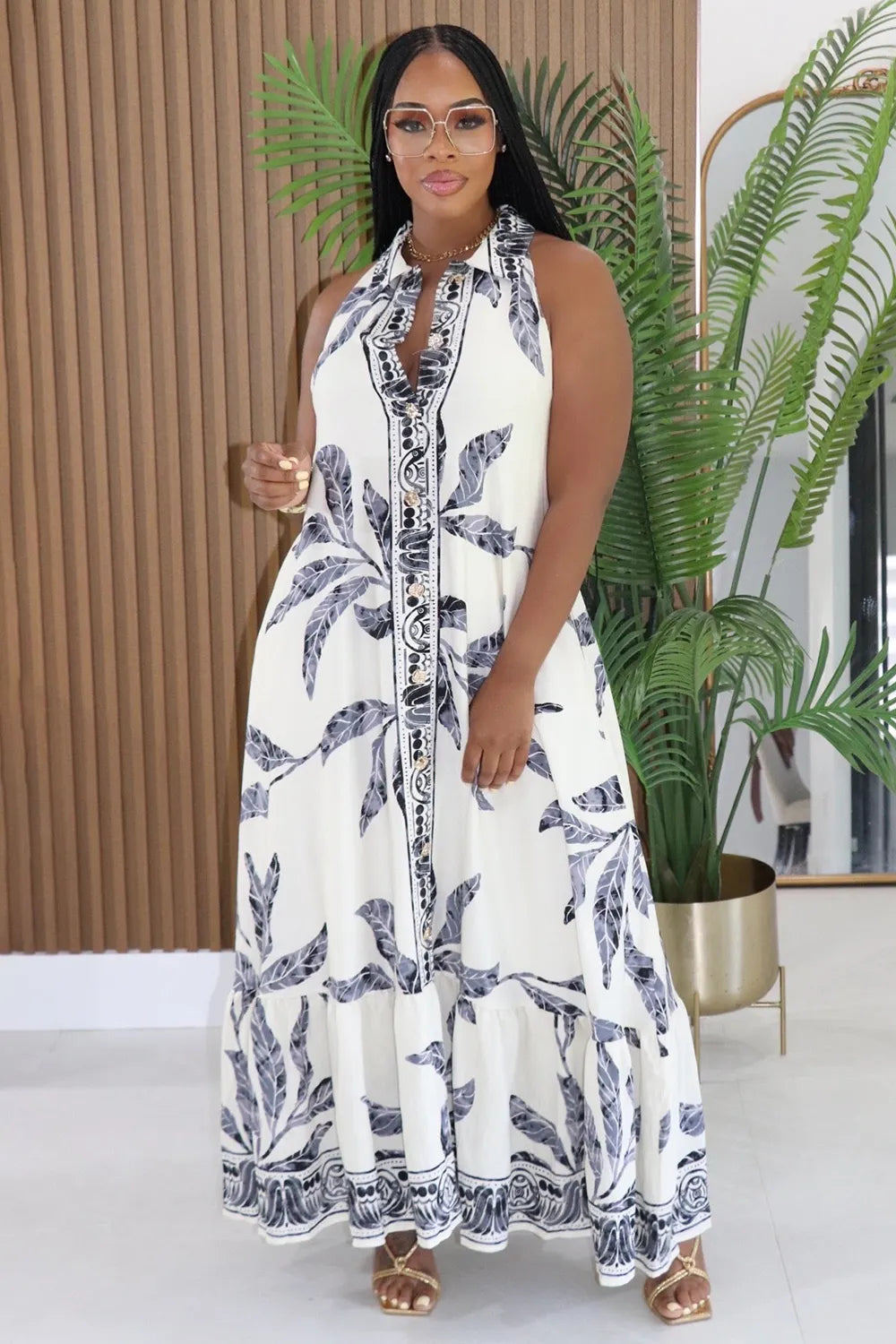 Floral V Neck Sleeveless Button Loose Fit Maxi Dresses-White [Pre Order]