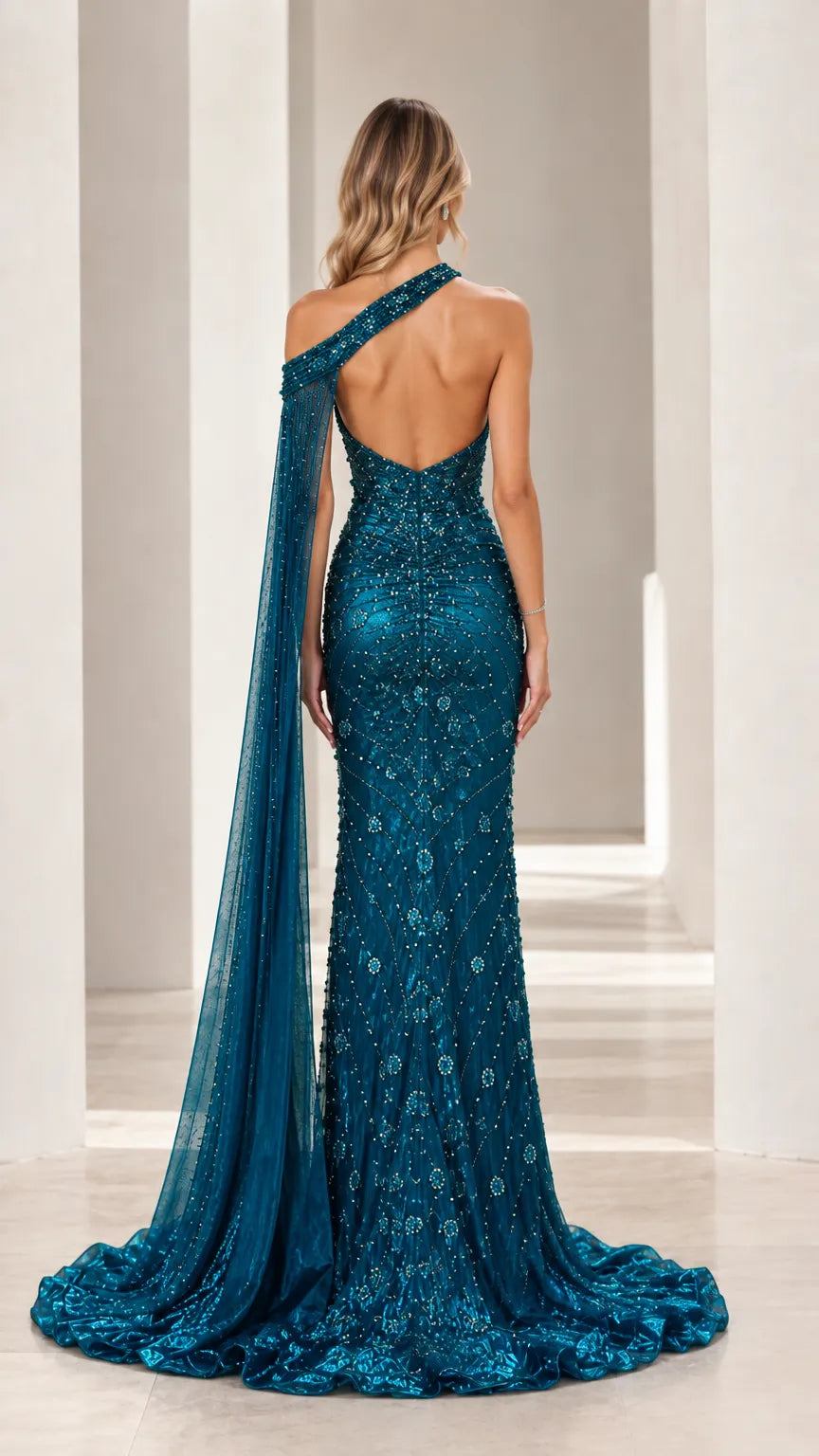 One-Shoulder Embellished Cape Evening Gown Mermaid Formal Maxi Dress