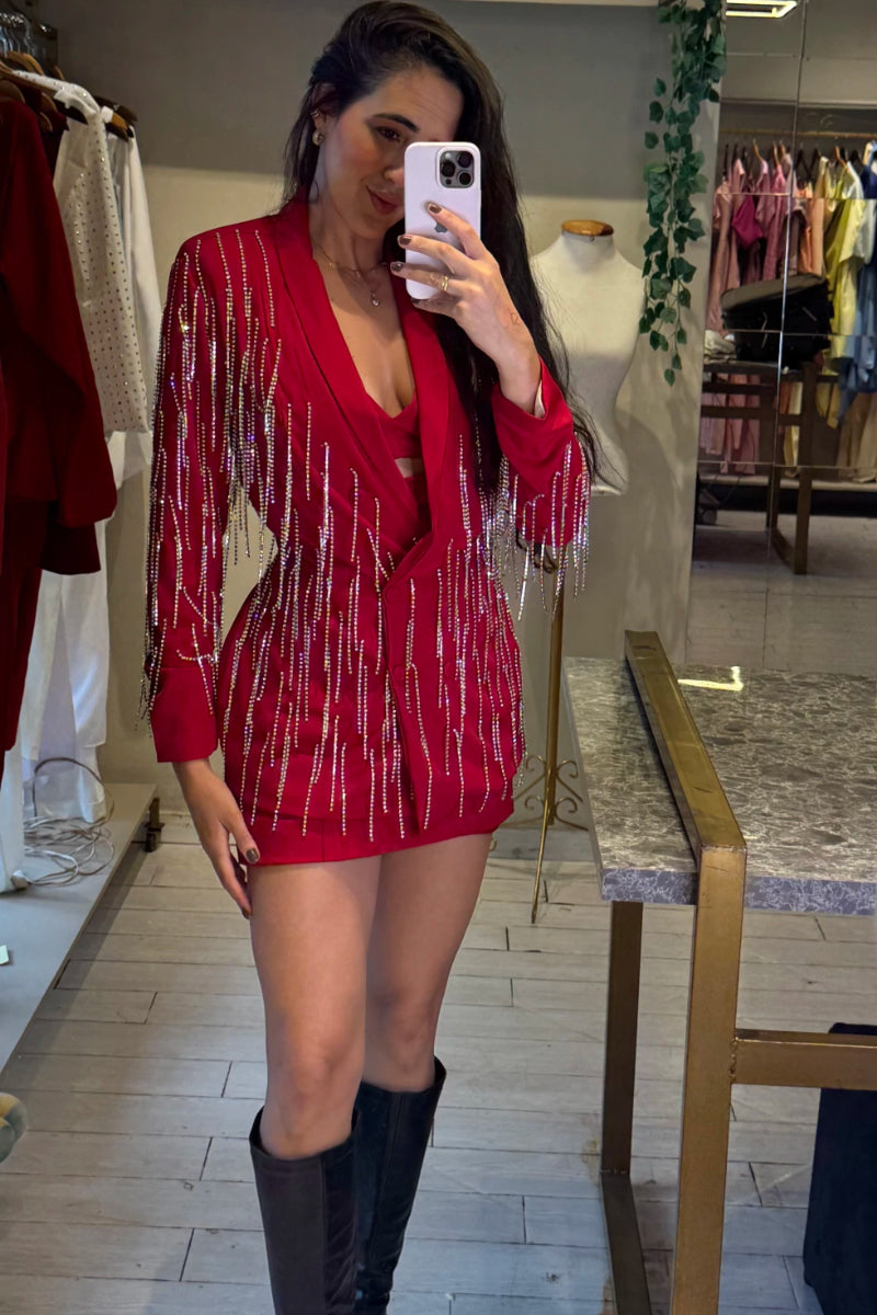 Red Blazer Jacket With Sparkling Rhinestone Fringe