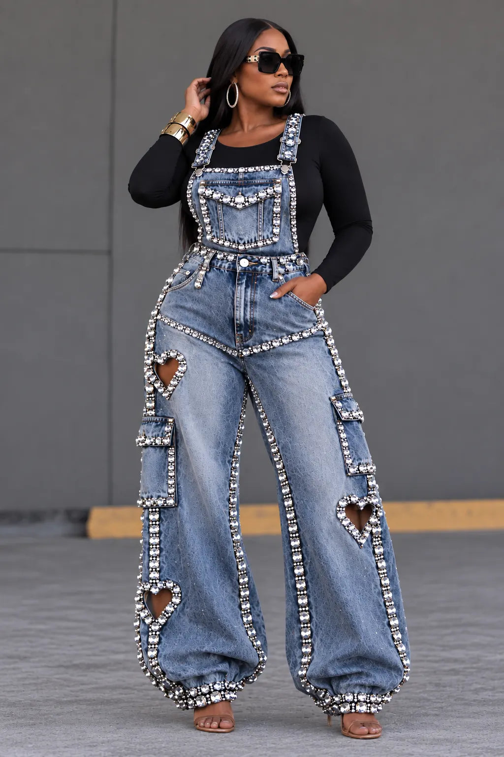 Rhinestone Heart Cutout Denim Overalls