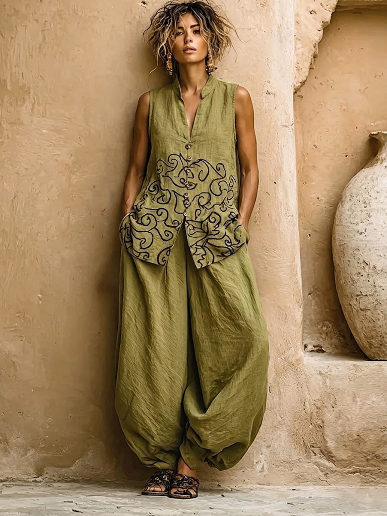 Bohemian Three-piece Set: Ethnic-print Cotton-linen Long Cardigan, Sleeveless Top, And Trousers