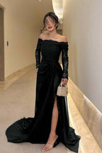 Off the Shoulder Long Sleeves Long Split Prom Dress With Pleated WQ0009