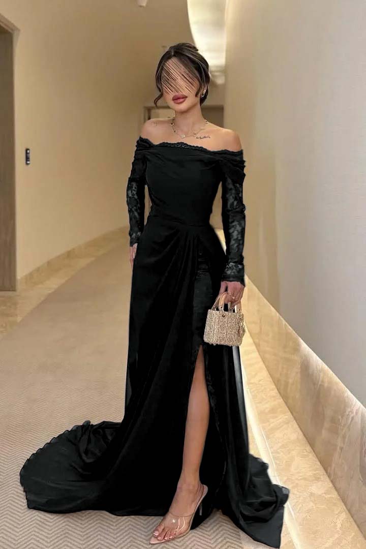 Off the Shoulder Long Sleeves Long Split Prom Dress With Pleated WQ0009