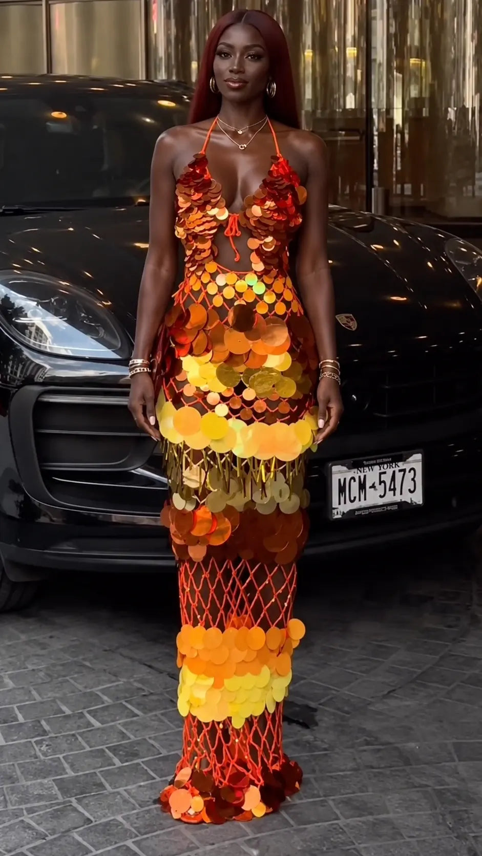 Gradient Sequin Fringe Halter Maxi Dress