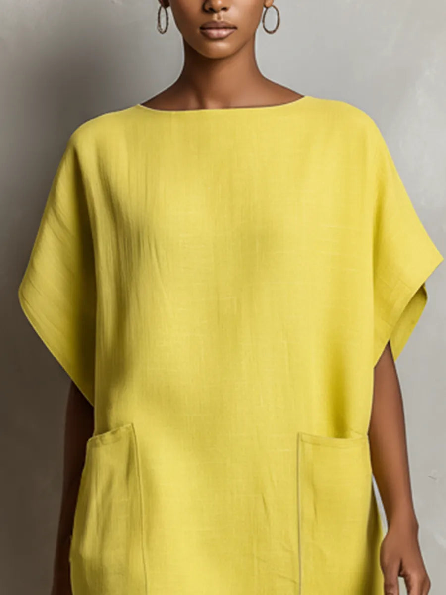 Women’s Lime Yellow Linen-Blend Batwing Sleeve Patch Pocket Shift Dress MDZ2671C3T