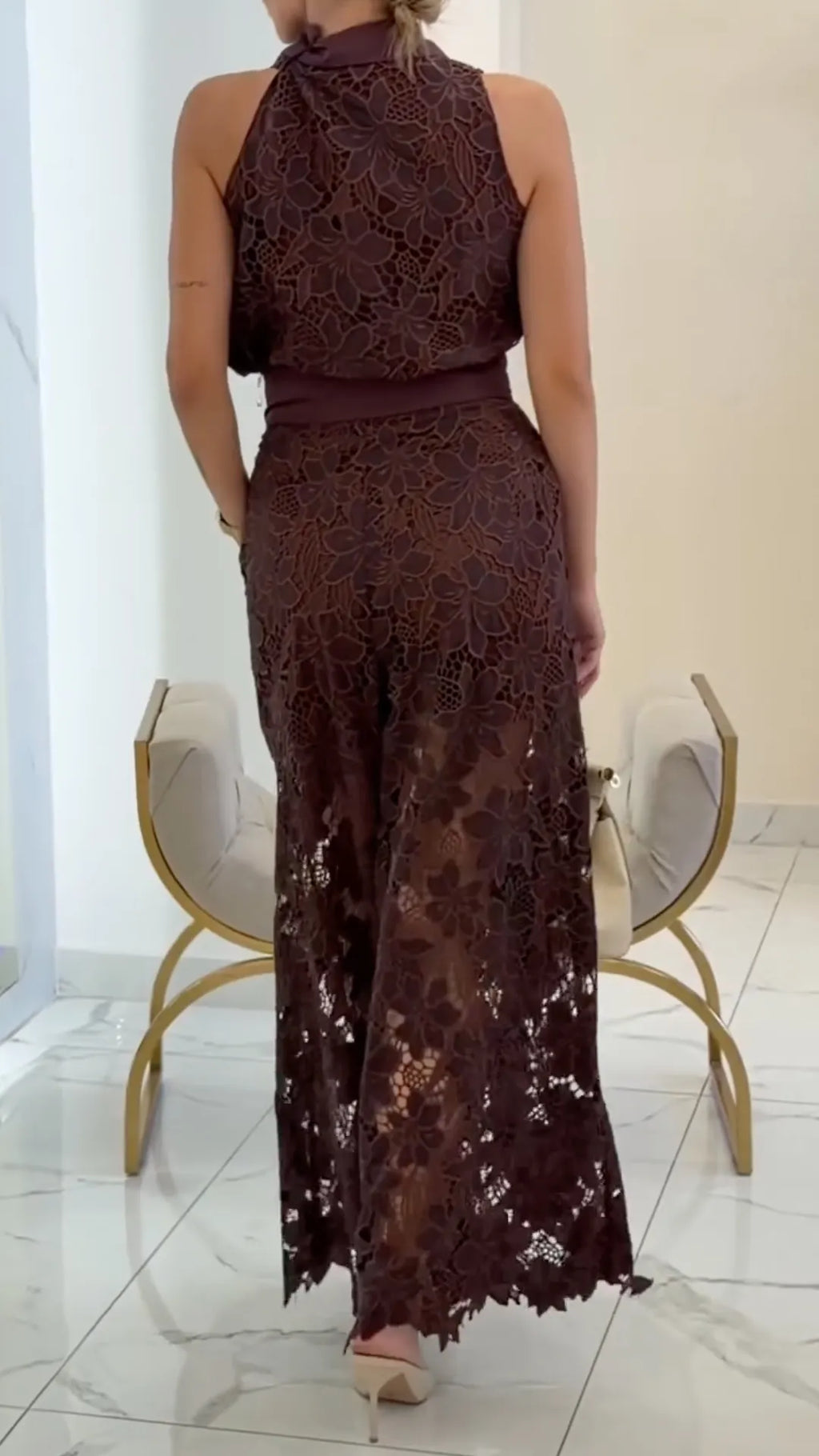 Floral Lace Collar Sleeveless Top And Wide Leg Pants Two Piece Set
