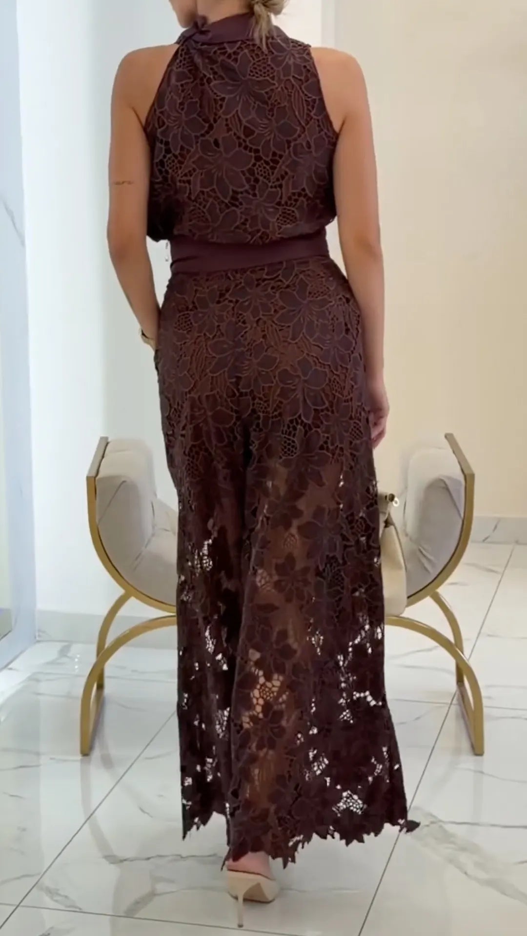 Floral Lace Collar Sleeveless Top And Wide Leg Pants Two Piece Set