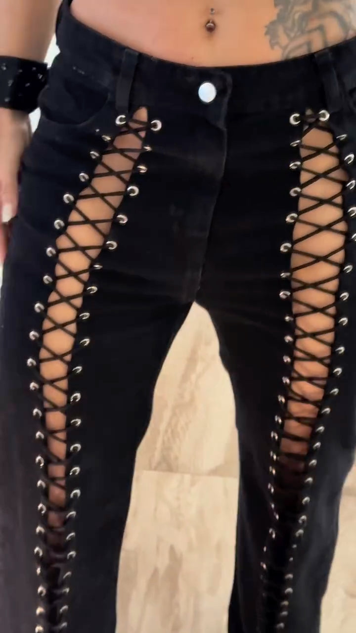 Black Eyelet Lace-Up Cutout Flared Pants