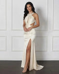 Cocoslly Halter Sleeveless High Waist Long Prom Dress With Split And Pleated | White Satin LX0111