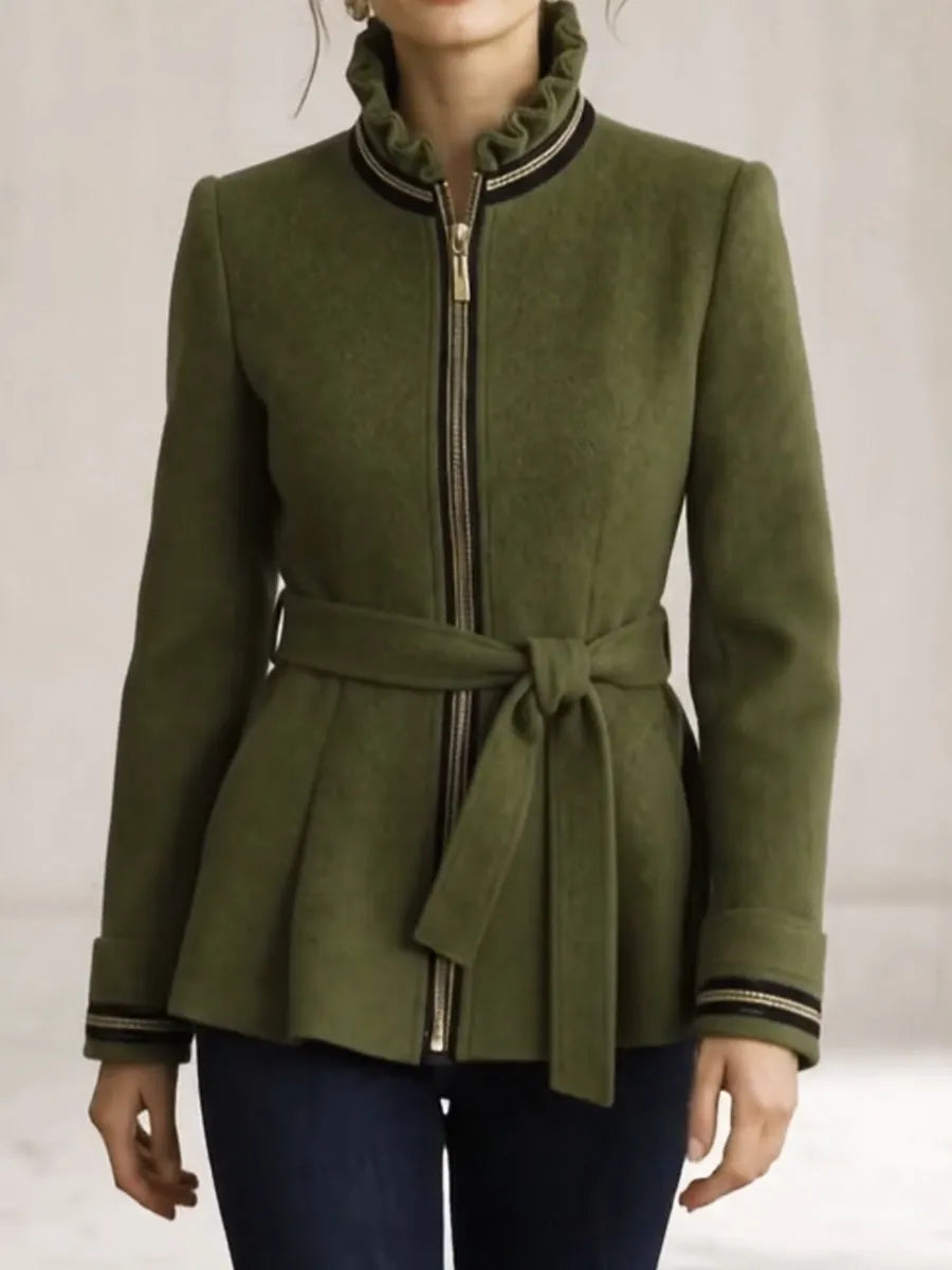 Stylish Wool-blend Jacket With Ruffled Stand Collar, Tie Detail, And Ruffled Hem