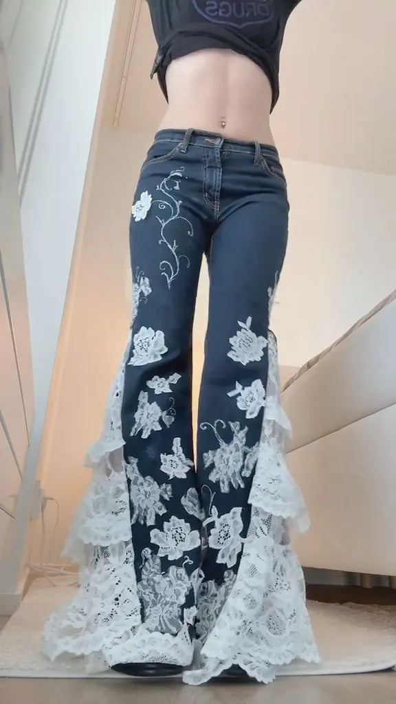 Dark Wash White Lace Ruffle Bell Bottom Jeans