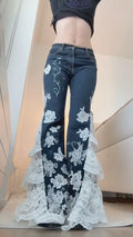 Dark Wash White Lace Ruffle Bell Bottom Jeans