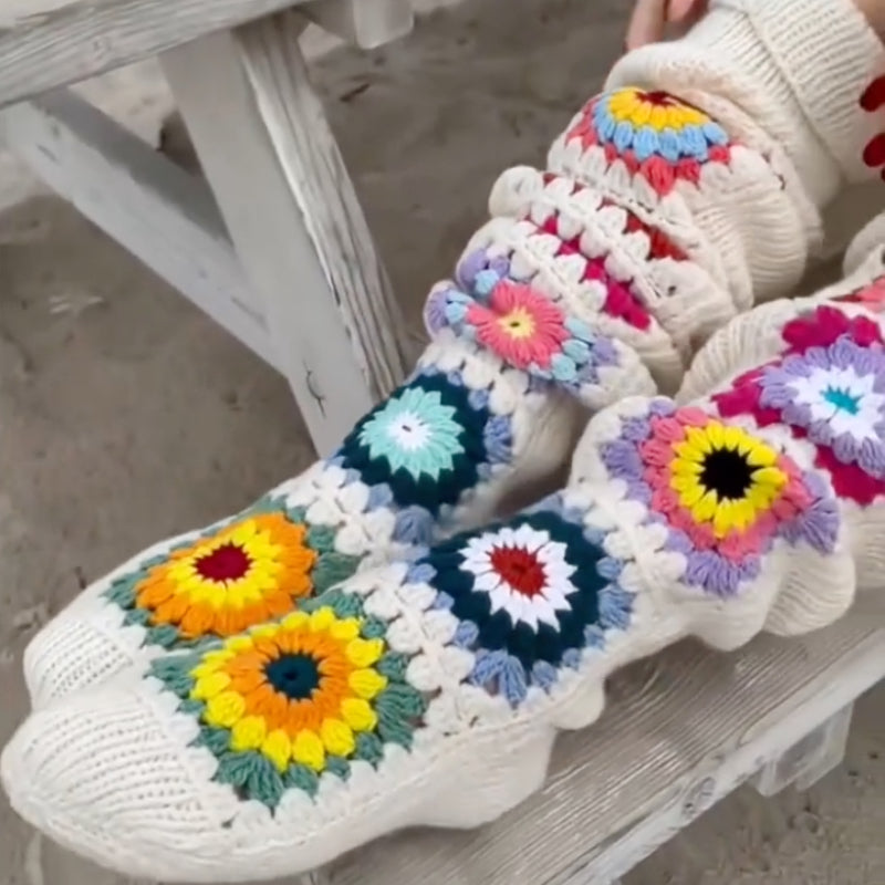Hand Crochet Colorful Floral Knee High Socks