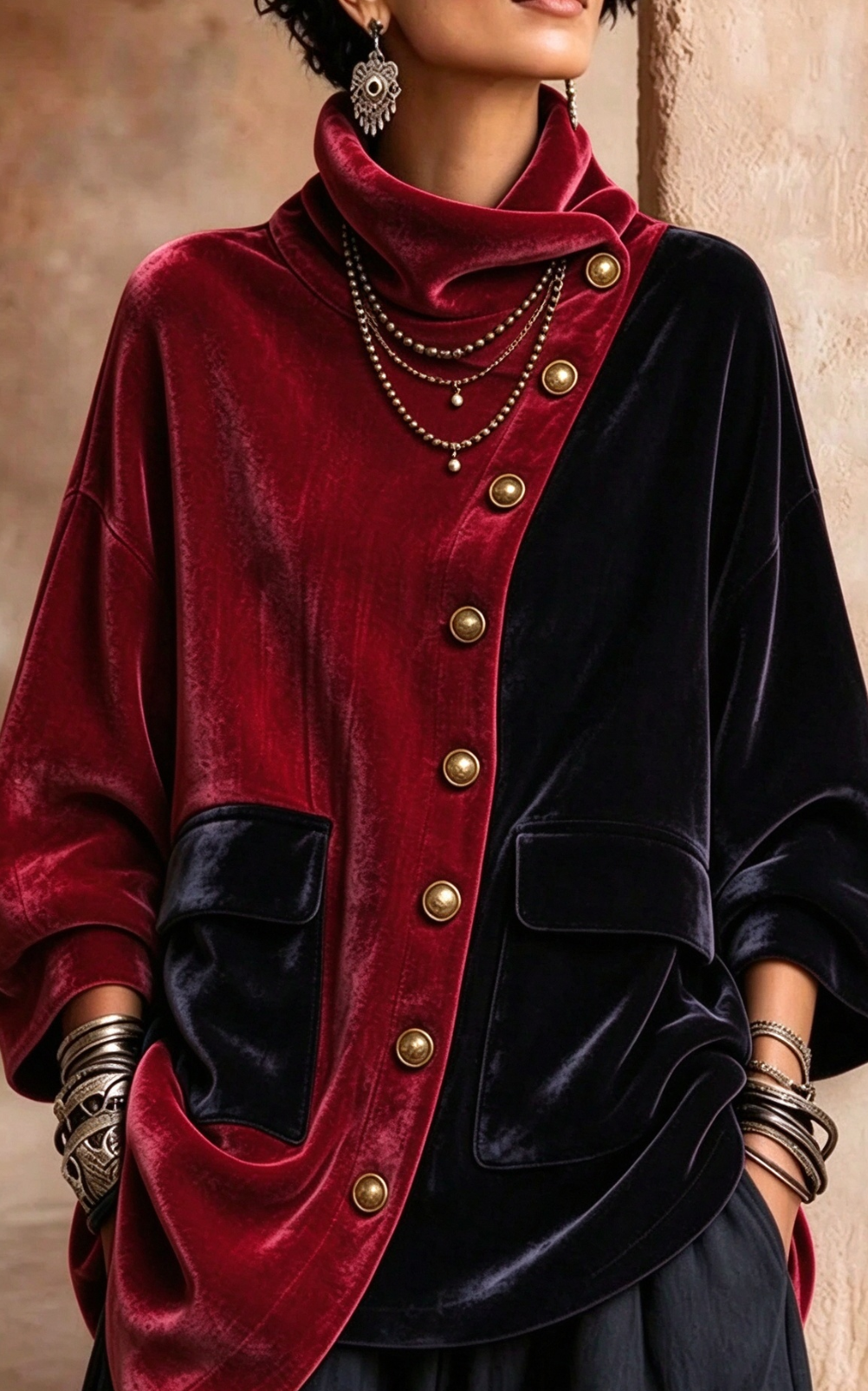 🤲LAST DAY SAVE 49% ⏰Vintage Velvet Color Block Cowl Neck Jacket