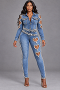 Crystal Heart Cutout Denim Jumpsuit