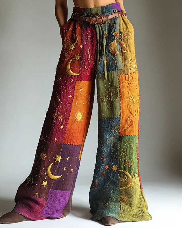 Women's Summer Vacation Star and Moon Embroidered Linen Pants ba42