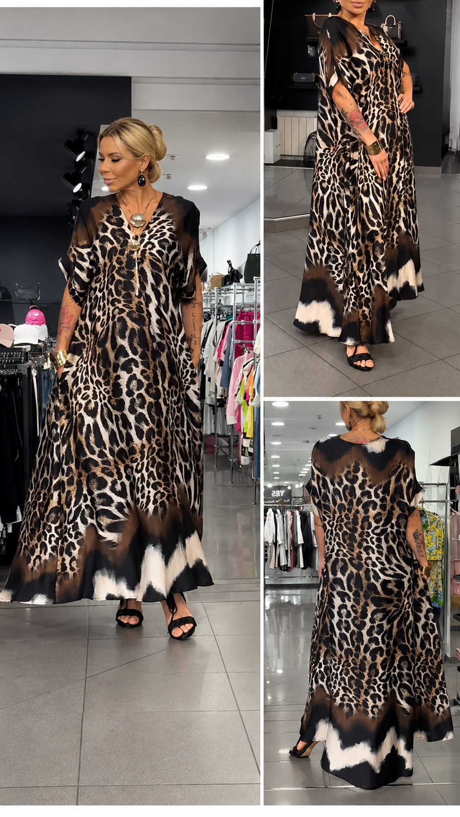 Leopard Print V‑Neck Chiffon Kaftan Dress