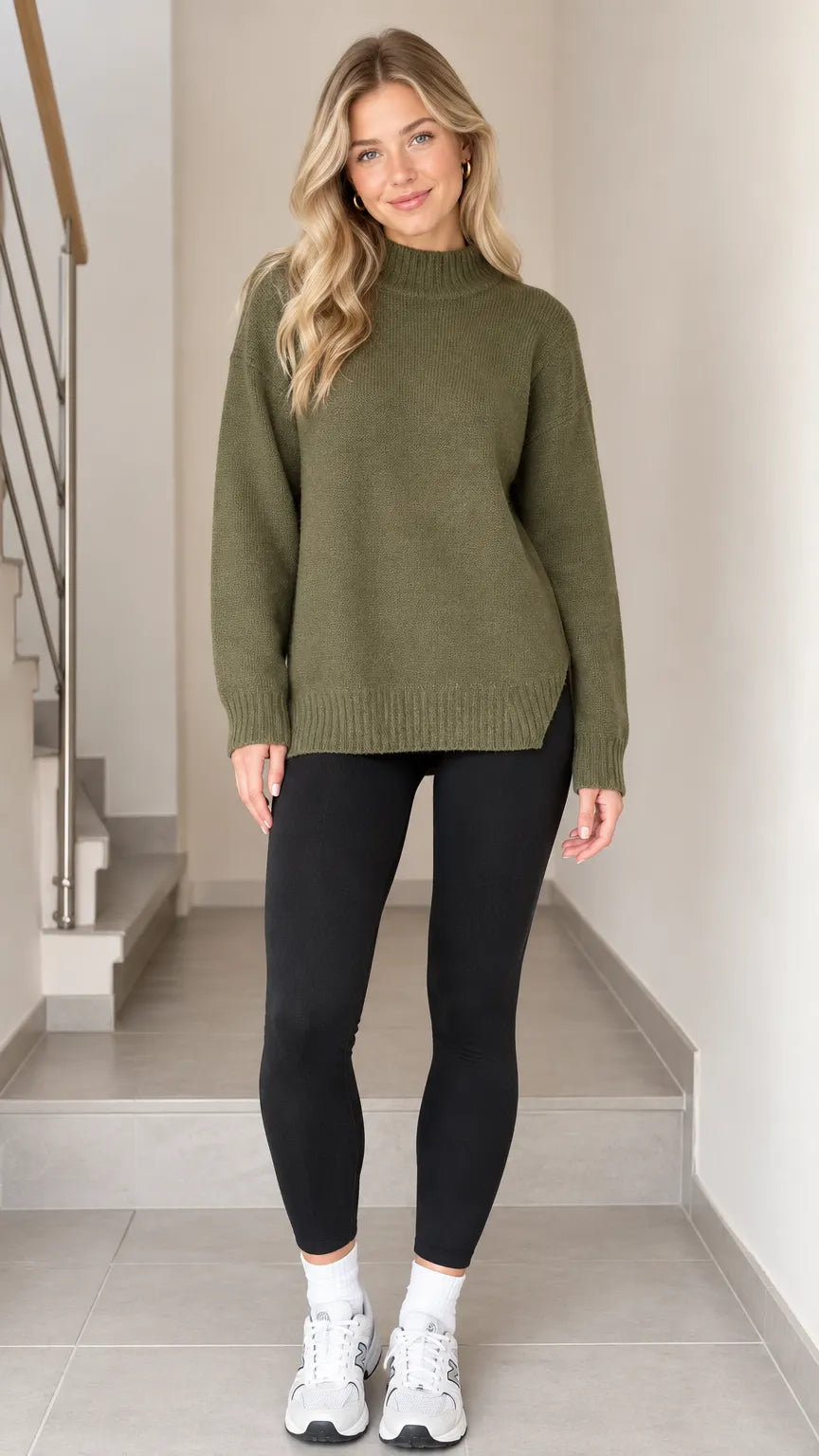 Women's Mock Neck Side Slit Knit Sweater Relaxed Fit Pullover