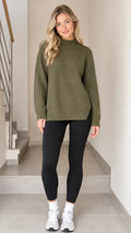 Women's Mock Neck Side Slit Knit Sweater Relaxed Fit Pullover