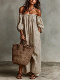 Women's Vacation Cotton-linen Blend Off-shoulder Long-sleeved Maxi Dress MDZ0481B5Y