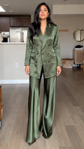 Olive Satin-Look Longline Shirt and Wide-Leg Pants Set